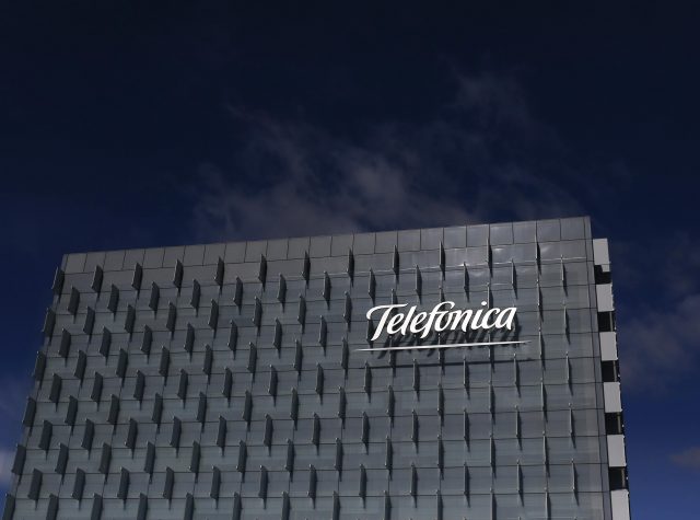 Logo of Spain's Telefonica is seen on its headquarters outside Madrid