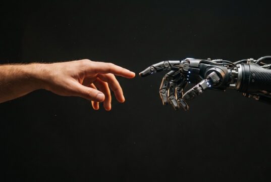La IA puede erosionar habilidades humanas: UGT reclama formación para proteger la empleabilidad Una mano humana se acerca a una mano robótica, imagen que representa la interacción entre las personas y la inteligencia artificial.