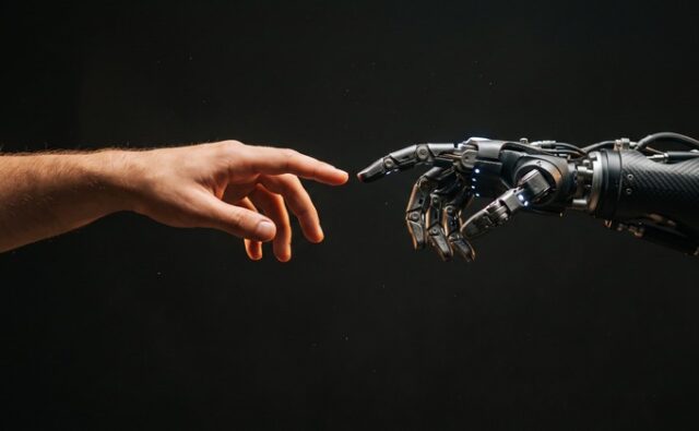 Una mano humana se acerca a una mano robótica, imagen que representa la interacción entre las personas y la inteligencia artificial.